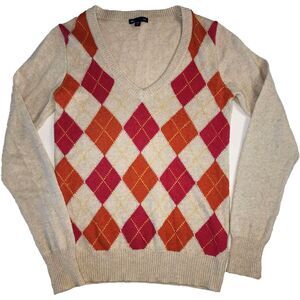 GAP Women's Retro Beige Argyle Wool Blend V-Neck Knit Sweater Sz M